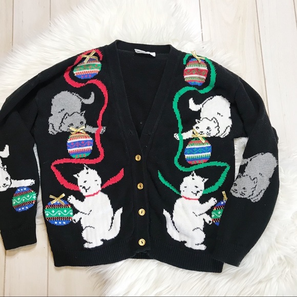 Vintage Sweaters - Vintage Cats Kittens Ugly Christmas Sweater Black